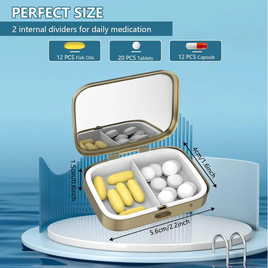 1/2 Pill Case Pill Box with Mirror Retro Small Pill Case for Purse or Pocket Bronze Pill Box or Vitamins, Fish Oil, Supplements,
