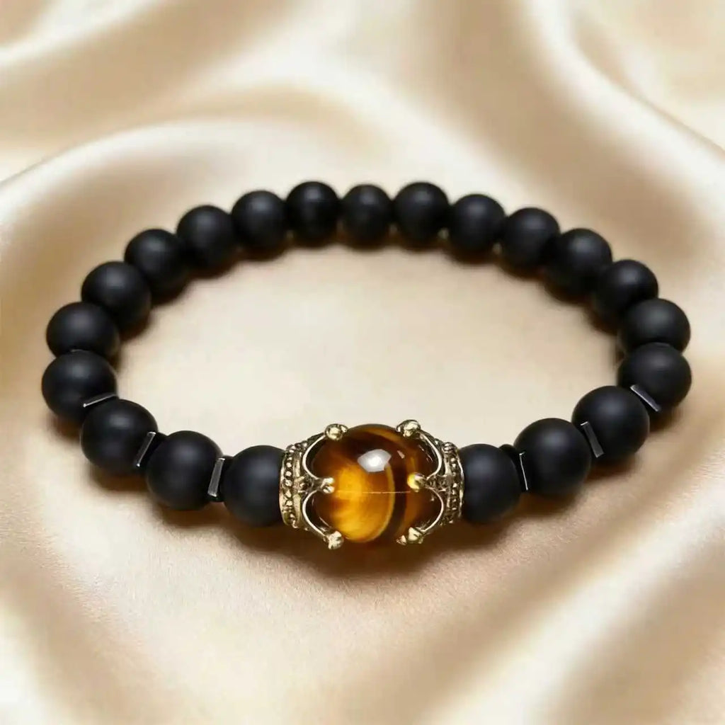 Men's Stylish Natural Stone Bracelet Vintage Crown Symbol of Power Hematite Beads Gift for Friends Natural Tiger Eye beads