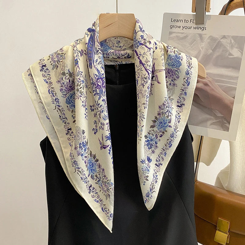 1PCS 70cm Leaf Pattern Silk Scarf for Women Simulated Silk Fresh and Versatile Headwear Bag Clothing Accessories Square Scarf