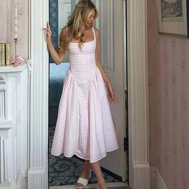 YENKYE Lace Up Bandage Plaid Sling Dress Women Elegant Square Neck Low Waist A-line Midi Summer Dresses Holiday Party Robe 2025
