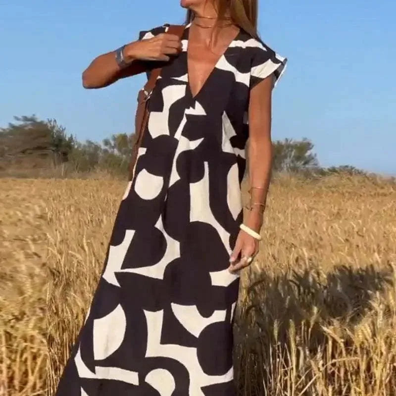 2025 Elegant Lady Style V-neck Loose Waist A-line Skirt with Head Print Sleeveless Dress Summer Fashion New Versatile Long Skirt