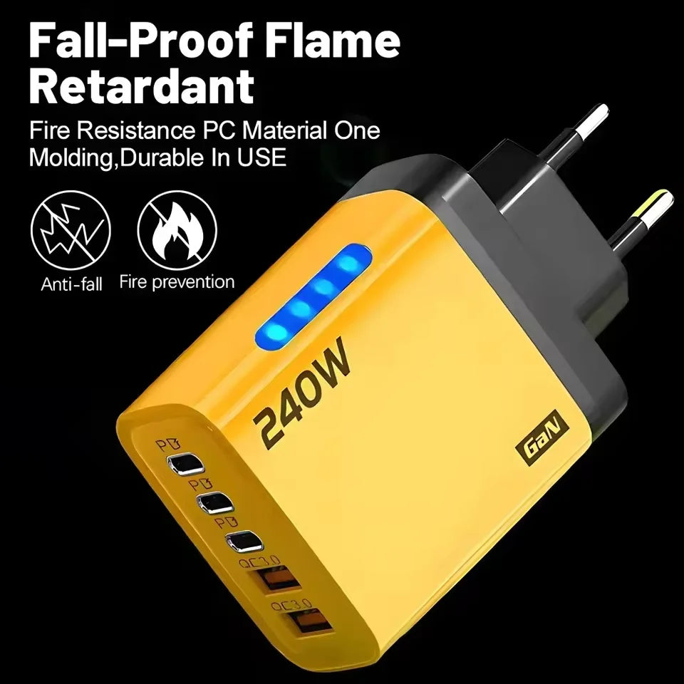 5 in 1 GaN USB C Desktop Charger 240W Fast Charge Phone Adapter braid Type C Cable For iPhone Samsung Xiaomi EU/US Plug Charger