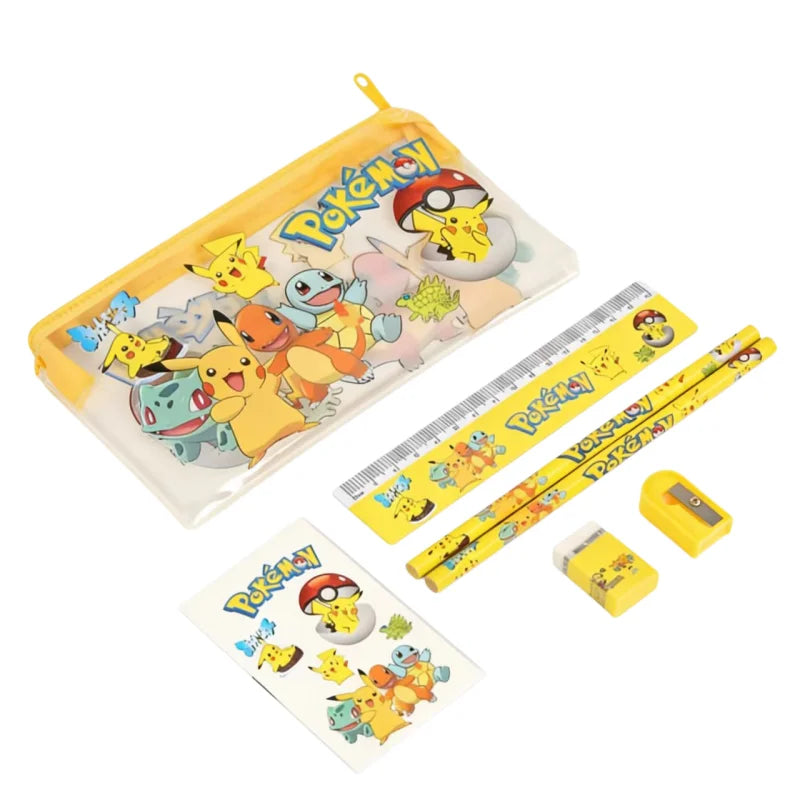 Pikachu Student Stationery Set Anime Kawaii Pencil Case Pencil Ruler Eraser Zipper Storage Bag for Kids Birthday Gift