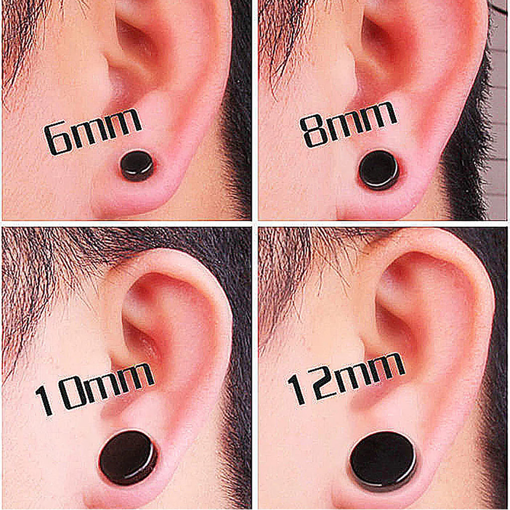 1 Pair 6-12mm Black Stainless Steel Hypoallergenic Magnetic Fake Gauges Earring Studs for Men Women Non Pierced Earrings