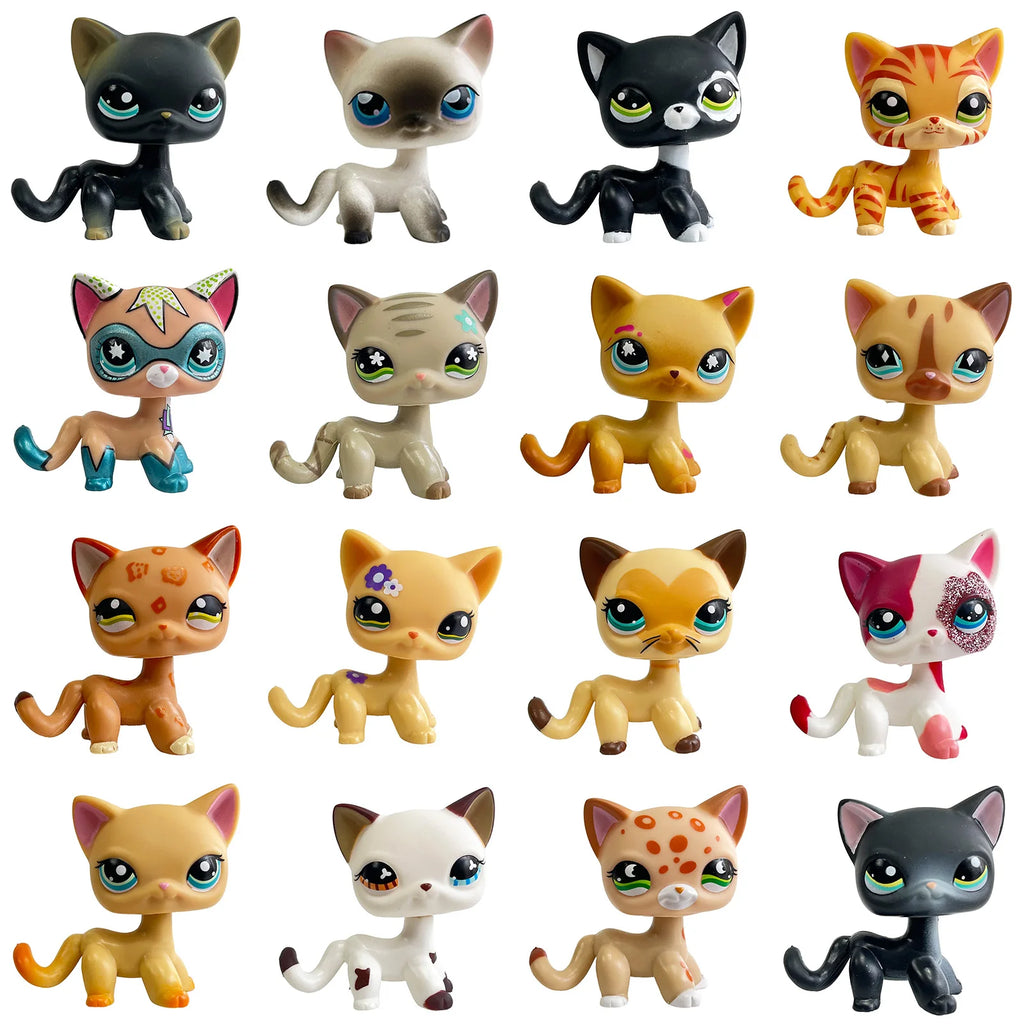 Rare pet Bobble head toy Stands Short Hair Kitten with Mouse and necklace Old Animal Collection toy lps
