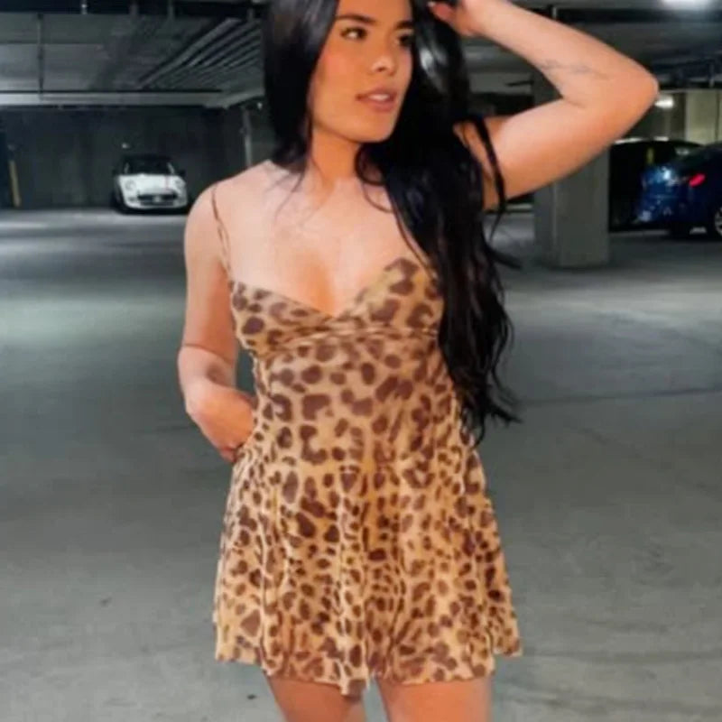 HXAO Womens Leopard Slip Dresses Summer 2025 Mini Tulle Print Backless Dress Vintage Mesh Sleeveless Vestidos Chic Resort Dress