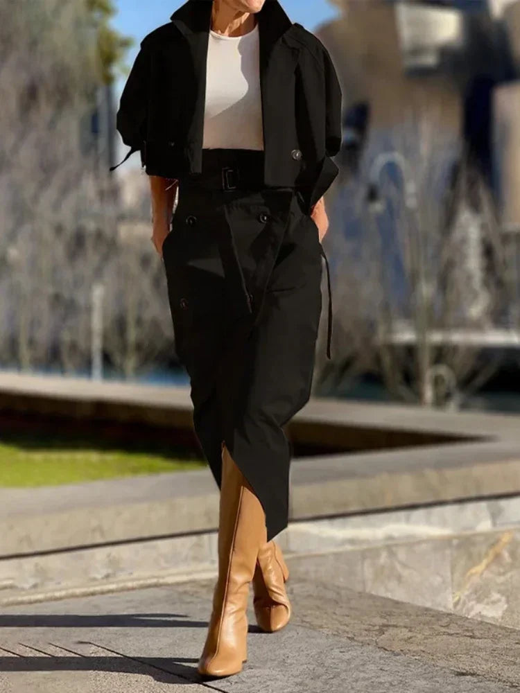 Fashion Two Piece Sets Outfits Office Lady Tracksuit Street Wear Cargo Set Long Sleeve Jacket and Wrap High Split Skirts Suit