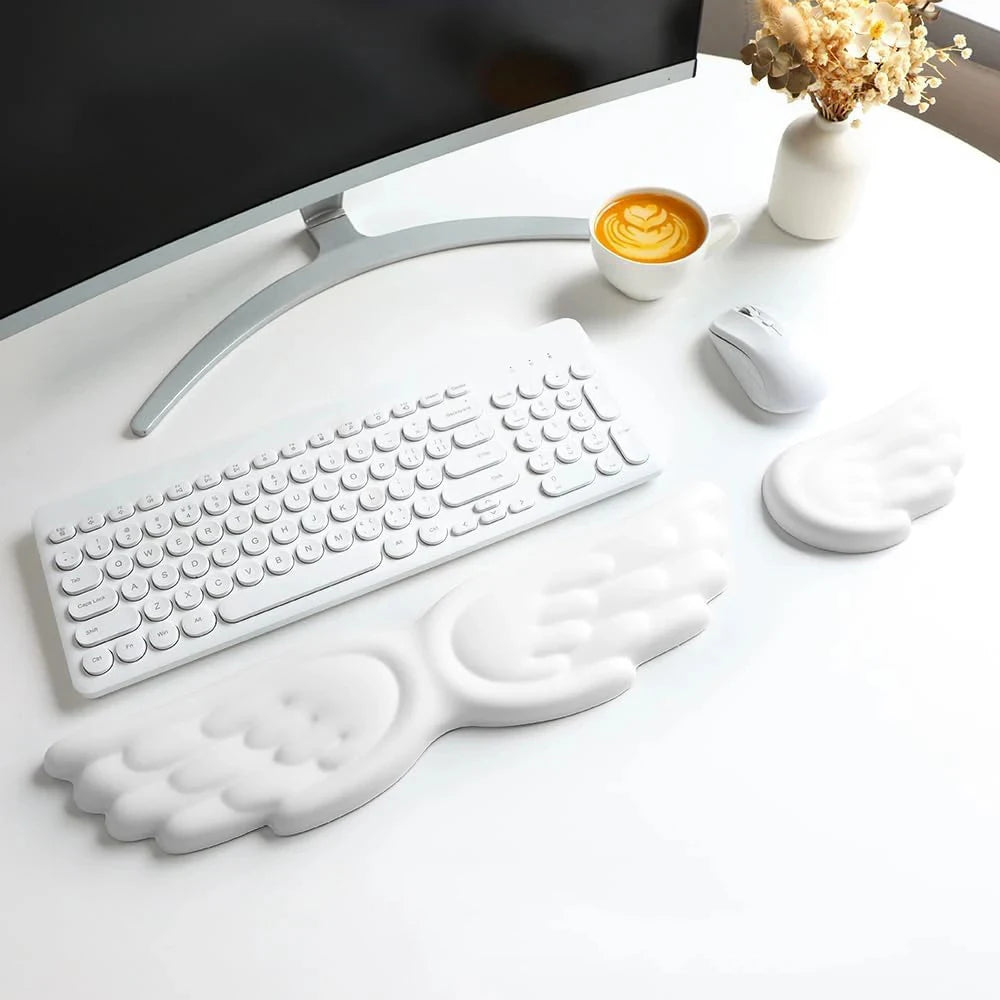 Keyboard Mouse Wrist Rest Angel Wing Memory Foam Mouse Pad Set Wrist Support Ergonomic Non-Slip For Office PC Laptop Easy Typing