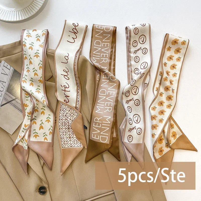 5pcs/set Series Silk Satin Scarf Women Cloth Hair Bands Headdress Accessories Lady Scarves Ribbon Neck Ties for Bag Handle