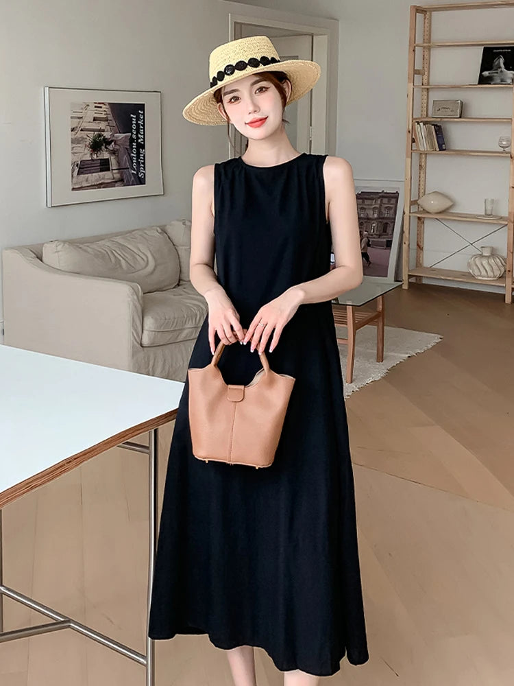 NYFS 2026 Summer New Korea Woman Dress Vestidos Robe Elbise Loose Plus Size Solid Sleeveless Backless Long Dress L-4XL