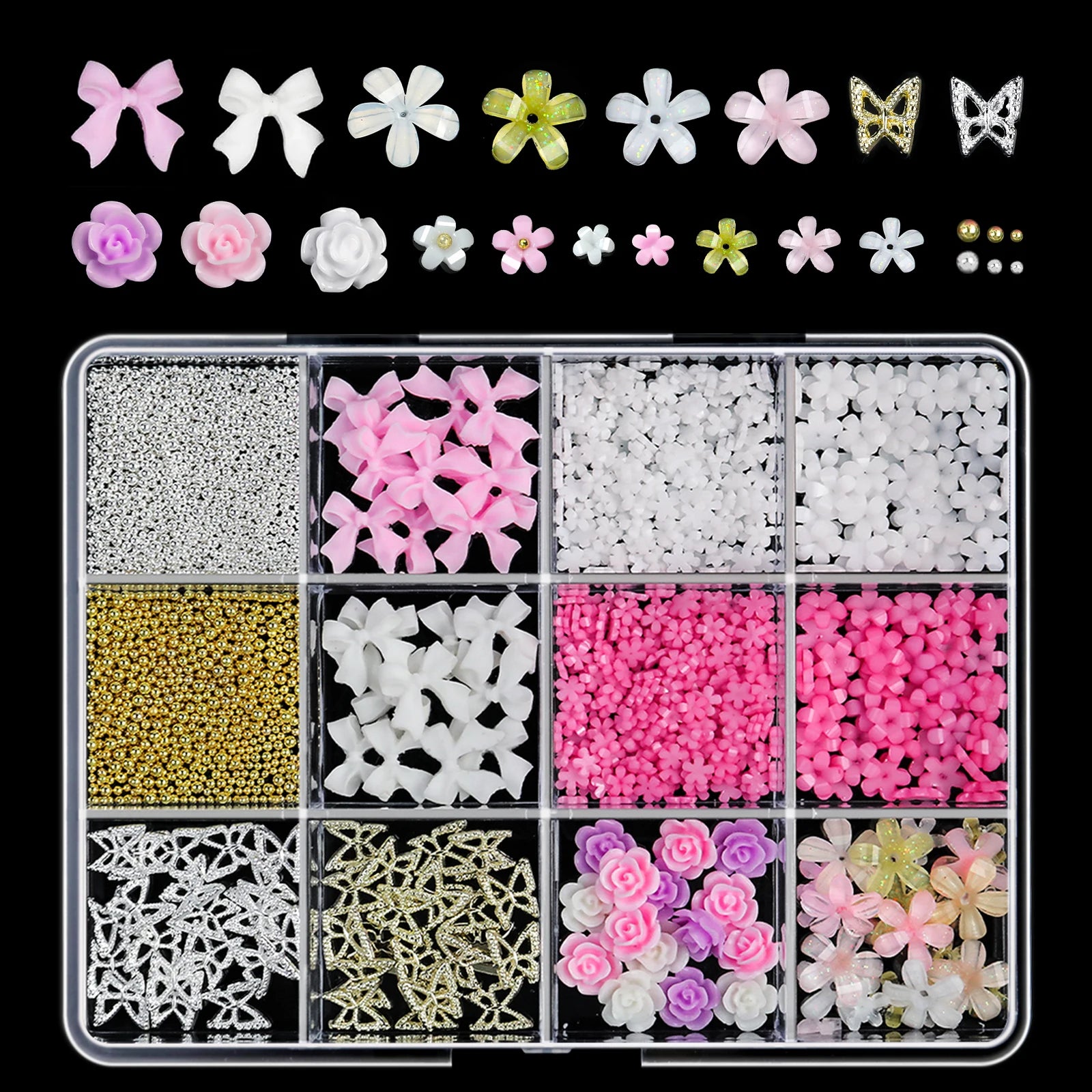 12 Grid Mixed 3D Color Resin Bow Pearl Heart Flat Back Diamond Nail Art Decoration Suitable for Acrylic Nails DIY Nail Art
