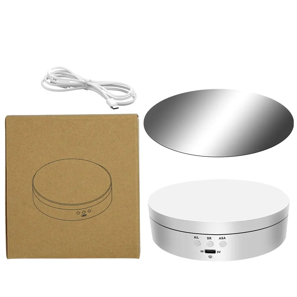 360-degree turntable,electric rotating mirror display stand,USB/battery dual power supply,rotating shooting,three-speed settings