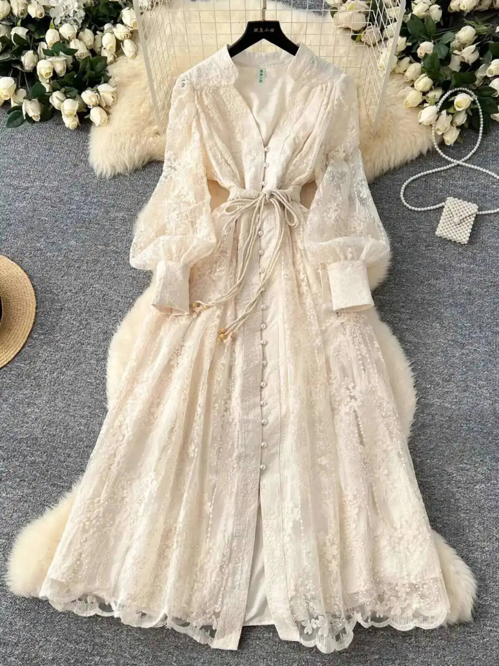 Luxury Embroidery Formal Dresses Women Summer Autumn Lantern Long Sleeve Lace Vestidos Pearl Prom Evening Birthday Dress Party