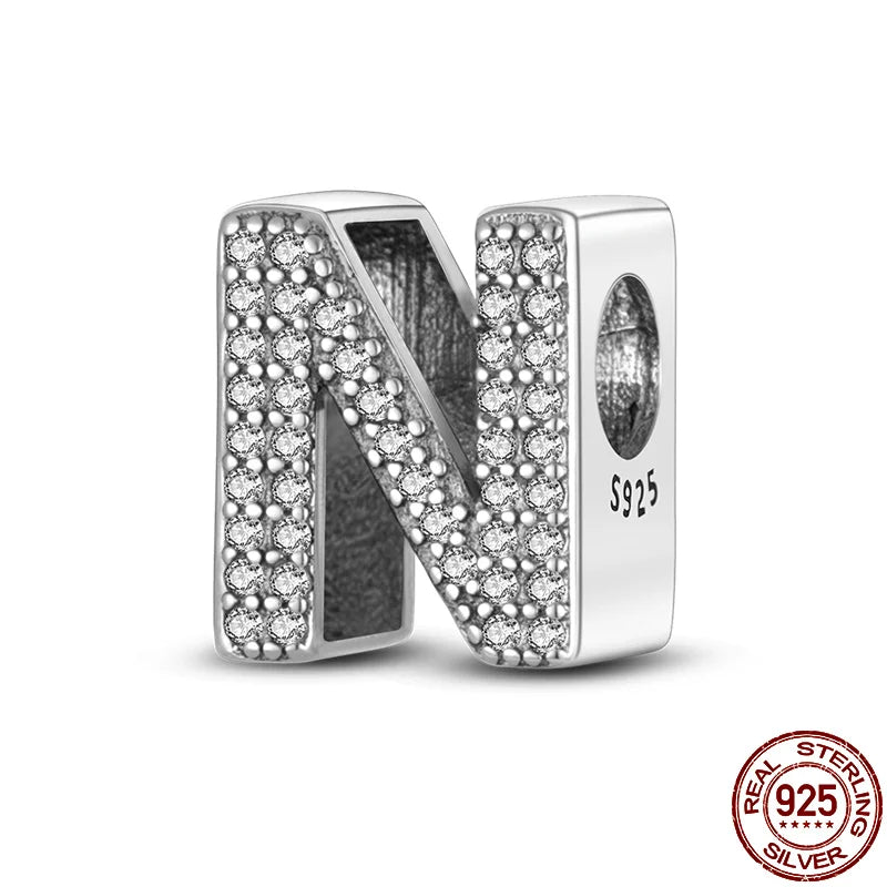 Original 925 Sterling Silver 26 Alphabet Letters Sparkling Zircon Charms Pendant Beads For Women Fine DIY Birthday Jewelry Gifts