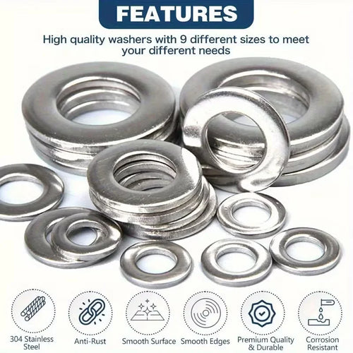200/400pcs Stainless Steel Flat Washers Set (M2-M12) – Home DIY, Industrial Repair, Kitchen Decoration & Outdoor Maintenance