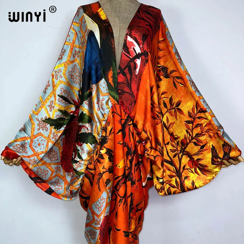 Sexy bech high-quality hand-rolled feel silk rayon fashion print 2021 WINYI Maxi women's robes long beach V-neck Bohemian dress