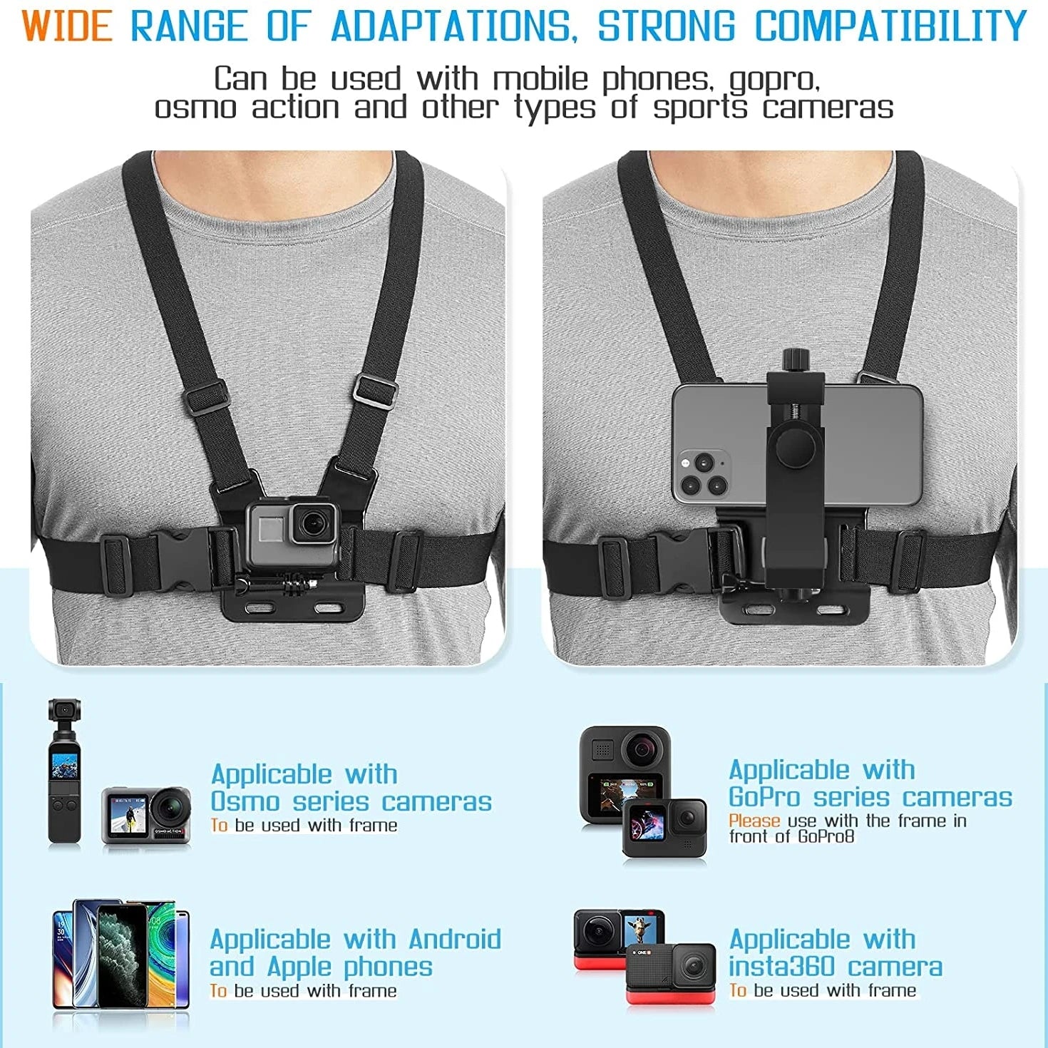 Phone Chest Strap Mount Belt for Iphone 14 Holder Mobile Smartphone for GoPro Hero 13 12 11 10 9 DJI Action Camera Live Shooting