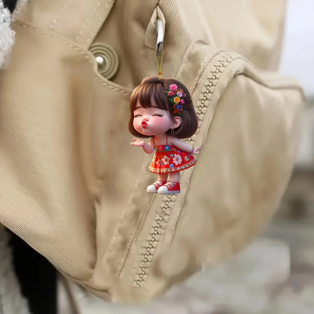 Cute Pouting Little Girl 2D Flat Acrylic Pendant Car Keychain Car Rearview Mirror Backpack Pendant Home Decoration Pendant Gift