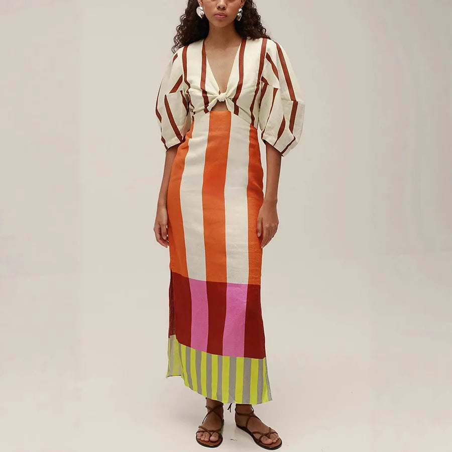 VEITCHE Summer Women Linen Material Long Dresses Fashion Chic Print Sexy V-neck Hollow Out High Waist Party Dress Lady robes