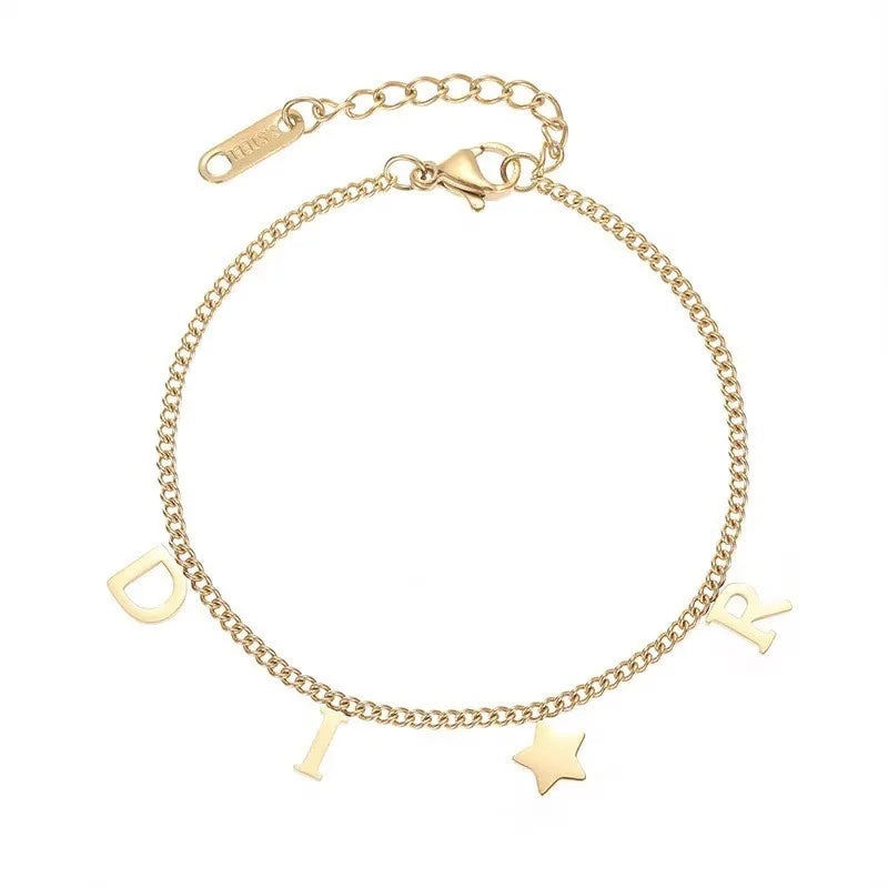 1Pc New Fashion Letter Star Pendant Bracelet for Woman, Simple Vintage Stainless Steel Bracelet Luxury Jewelry Accessories Gifts