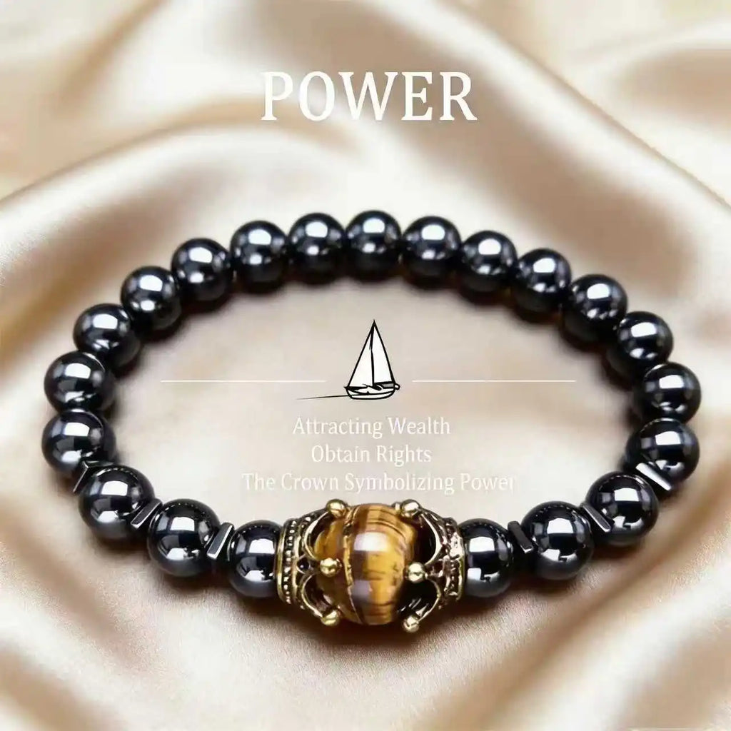 Men's Stylish Natural Stone Bracelet Vintage Crown Symbol of Power Hematite Beads Gift for Friends Natural Tiger Eye beads