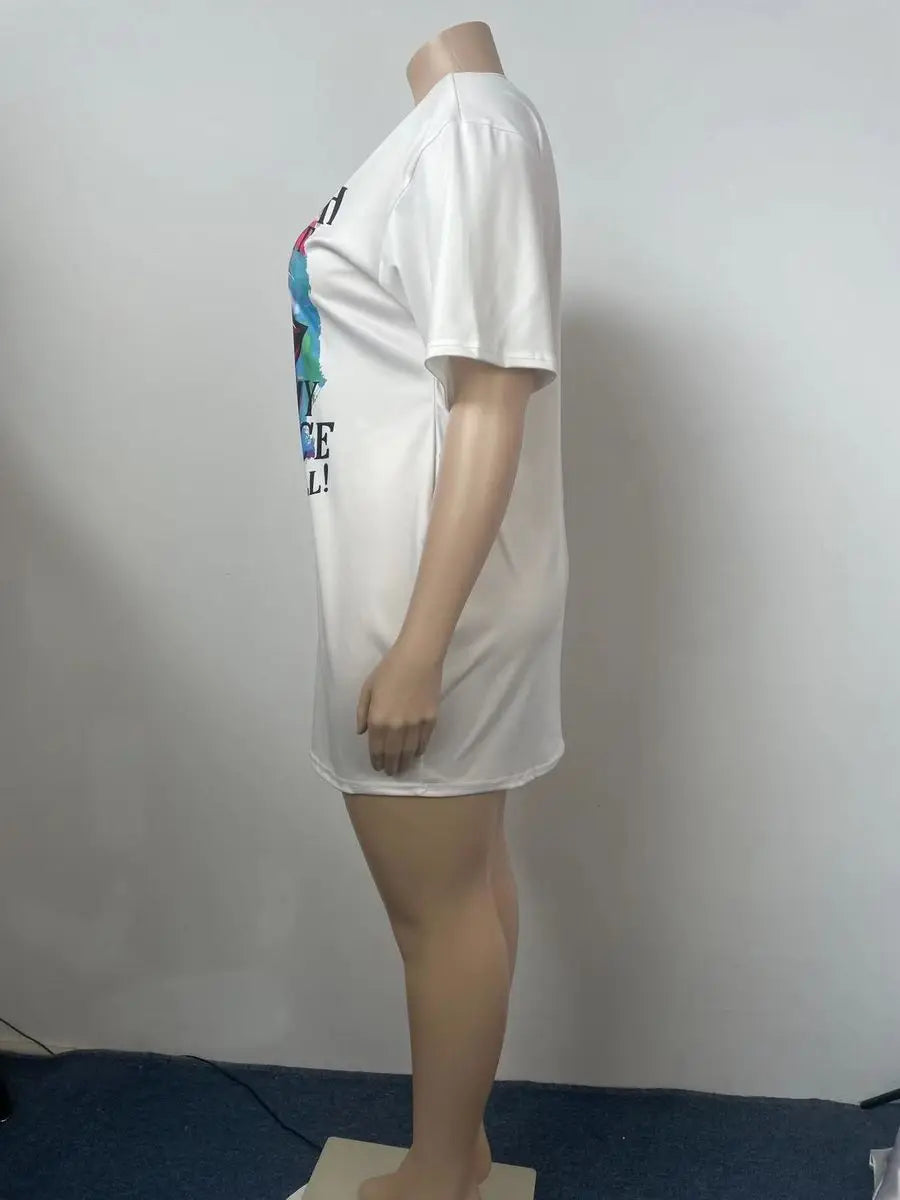 Women's summer casual fashion loose plus size letter lip print pattern printed short sleeved summer T-shirt dress