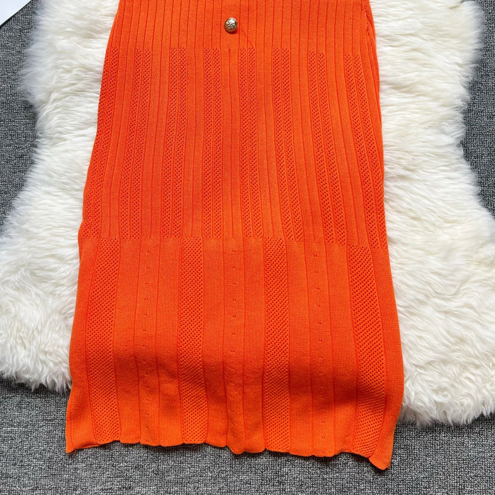 YuooMuoo 2026 Summer Women Knitted Long Dress Brand Fashion O-neck Buttons Bodycon Sweater Dress Elegant Lady Office Vestidos