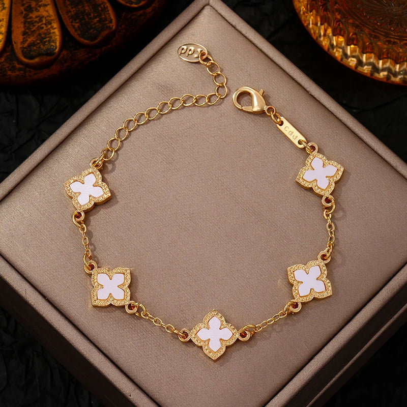 Luxury Vintage Rhinestone Four Leaf Clover Bracelet for Women Girls Fashion Five Leaf Flower Wrist Chain Jewelry Bijoux Gifts