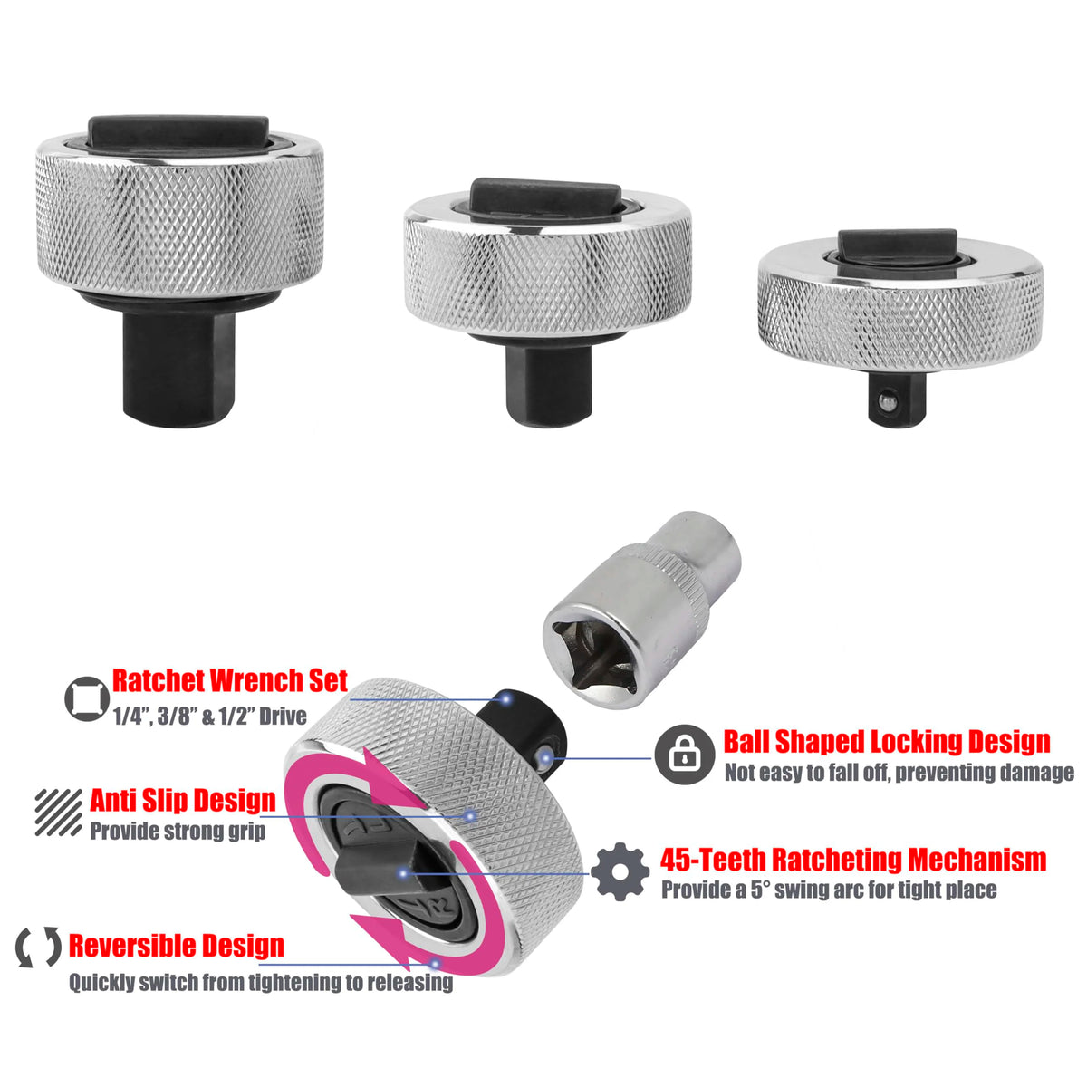 1/4 3/8 1/2 Drive Palm Ratchet Wrench Set Reversible Ratcheting Finger Socket Driver Stubby Thumbwheel Ratchet for Tight Spaces