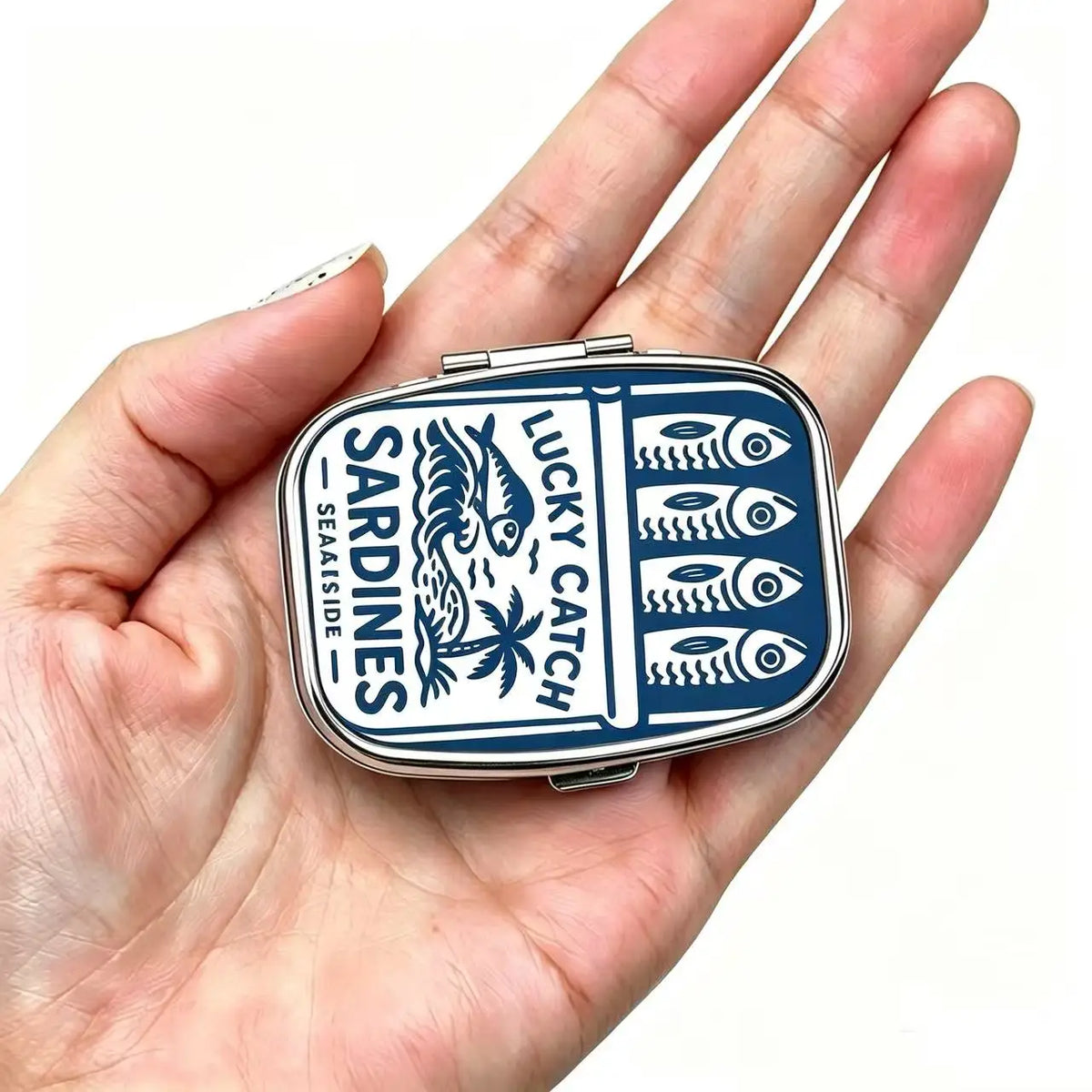 Lucky Catch Sardines Print Metal Pill Box, Portable 2-Compartment Travel Pill Organizer for Vitamins & Pills