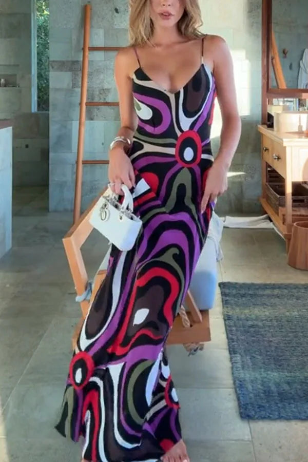 Women's Spaghetti Strap Dress Irregular Color Print Sexy V-neck Backless Slim Slit Long Dresses Summer Party Commuting Vestidos