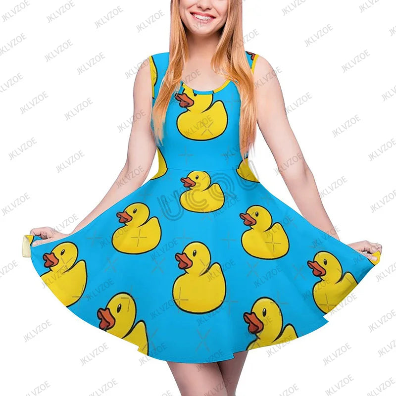 Summer New Fashion Yellow Classic Ducks Graphic Women Sleeveless Dress Kawaii Animal Aesthetic Dresses Female Kawaii Dress