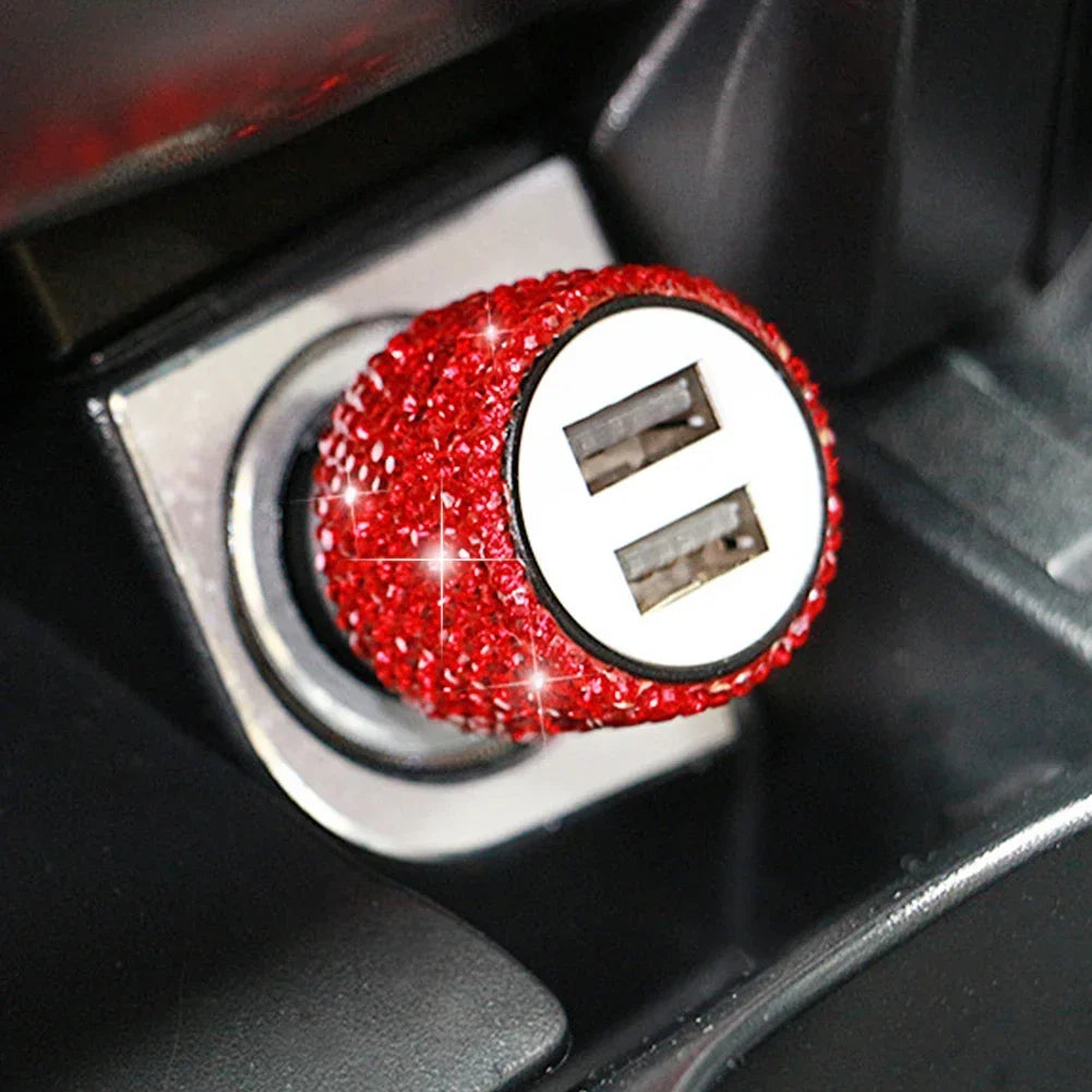 New Bling USB Car Charger 5V 2.1A Dual Port Fast Adapter Pink Car Decor Car Styling Diamond Car Accessories Interior for Woman