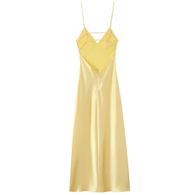 HXAO Womens Yellow Slip Dress Summer 2025 Woman Satin V-Neck Party Dresses Elegant Evening Sleeveless Backless Long Vestidos 066