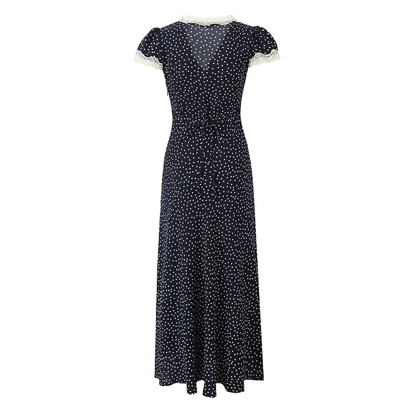 YENKYE 2025 Women Navy Blue Polka Dot Long Dress Lace Trim V Neck Short Sleeve A-line Elegant Holiday Dresses Summe Maxi Robe