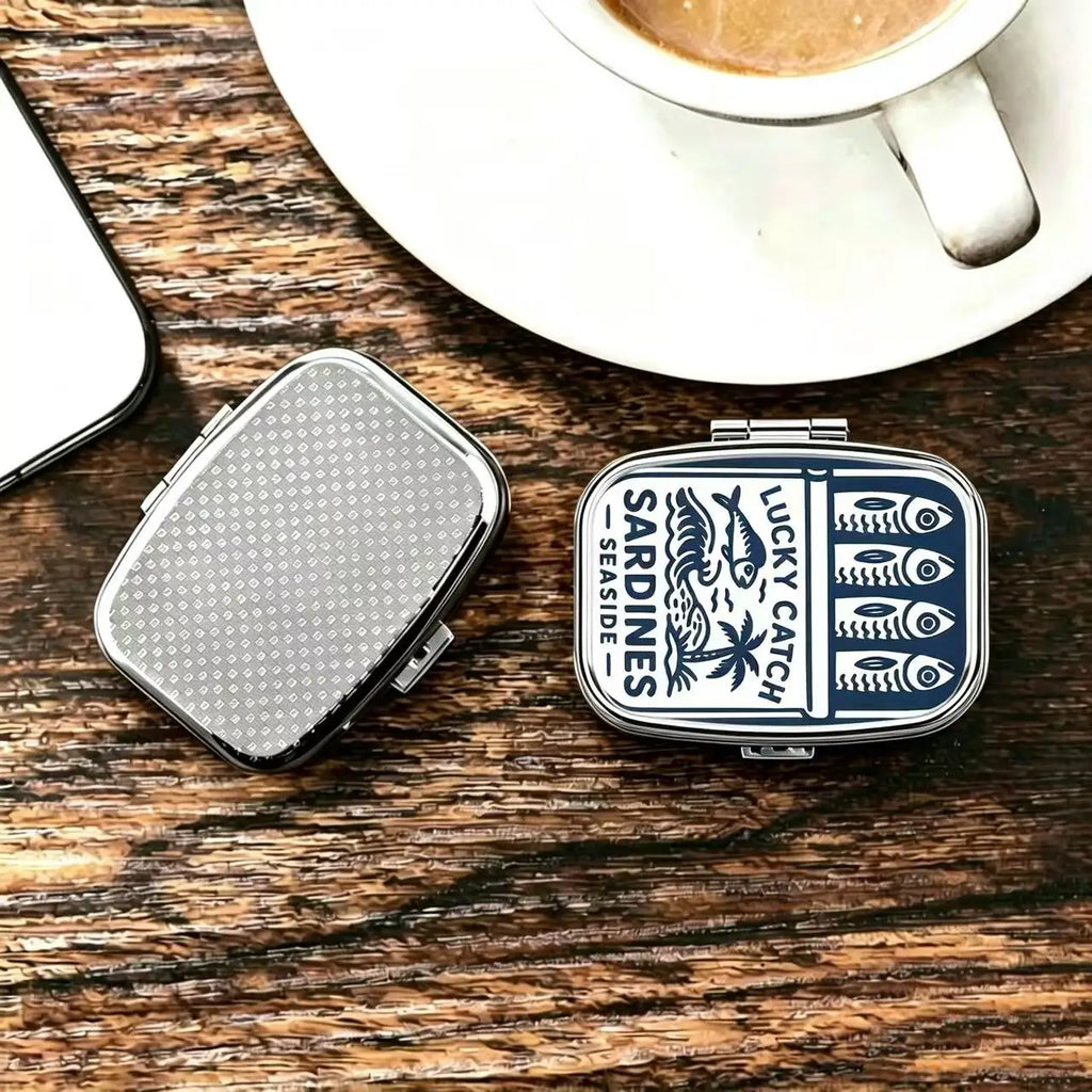 Lucky Catch Sardines Print Metal Pill Box, Portable 2-Compartment Travel Pill Organizer for Vitamins & Pills