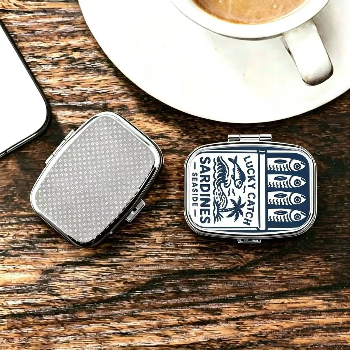 Lucky Catch Sardines Print Metal Pill Box, Portable 2-Compartment Travel Pill Organizer for Vitamins & Pills