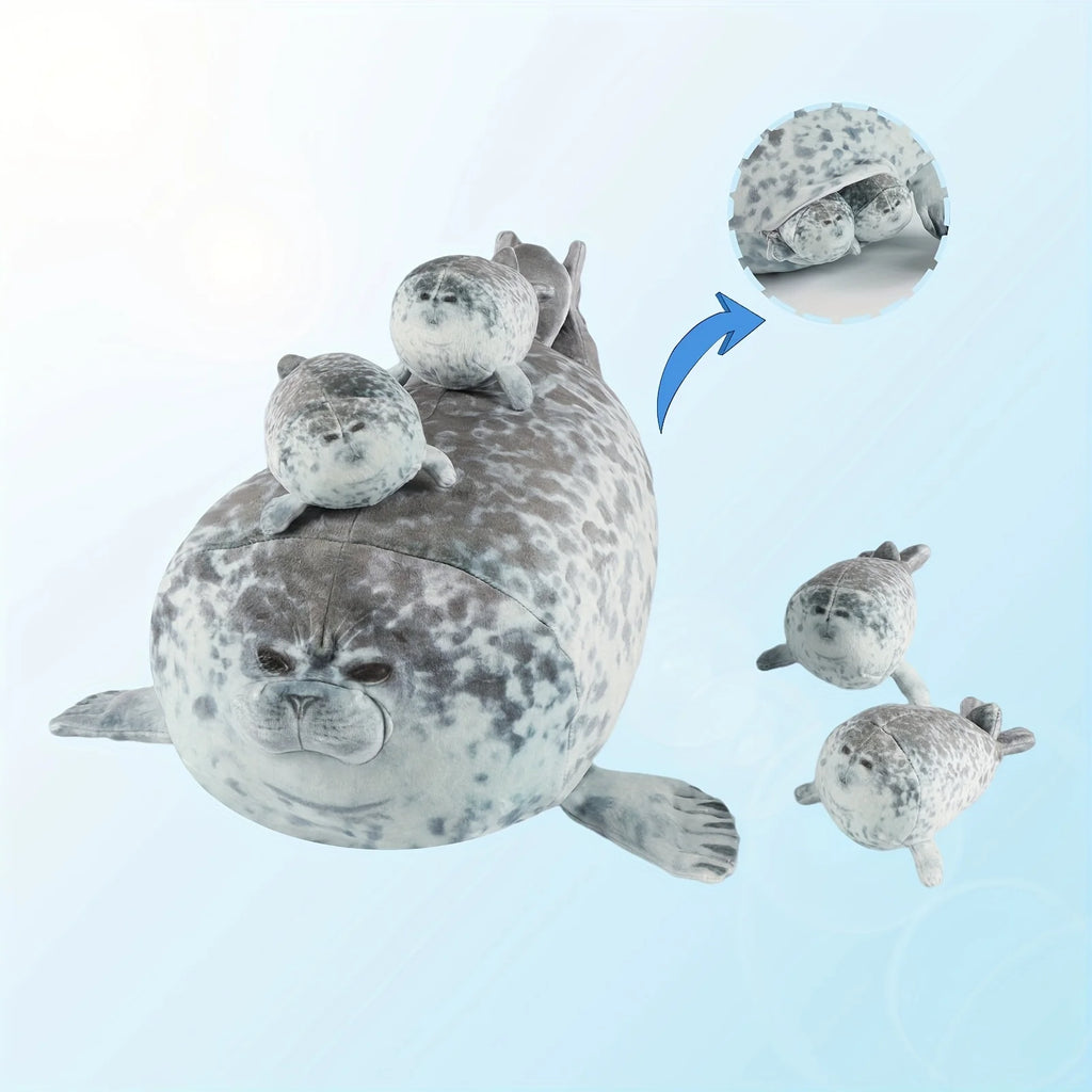 40cm Plush Blob Seal Pillow Mother with Four Kids Seal Chubby 3D Novelty Sea Lion Doll Stuffed Toy Pillow Gifts for Kids Girls
