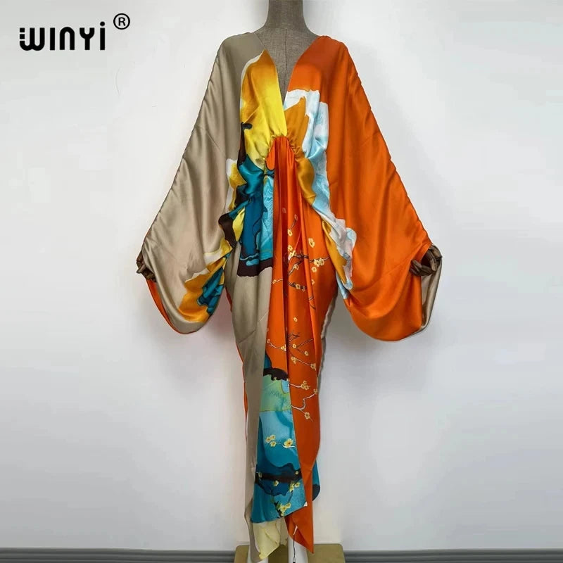 Sexy bech high-quality hand-rolled feel silk rayon fashion print 2021 WINYI Maxi women's robes long beach V-neck Bohemian dress