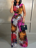 Elegant Women Wide Leg Long Juumpsuit 2024 Spring Summer Fashion Printed Sleeveless Casual Holiday Bodysuits Jumpsuits Trousers