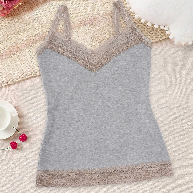 SUCHCUTE Women's Lace Trim Patchwork V Neck Camisole Y2k Casual Slim Sleeveless Tank Top All Match Basic Camis Summer Clothes