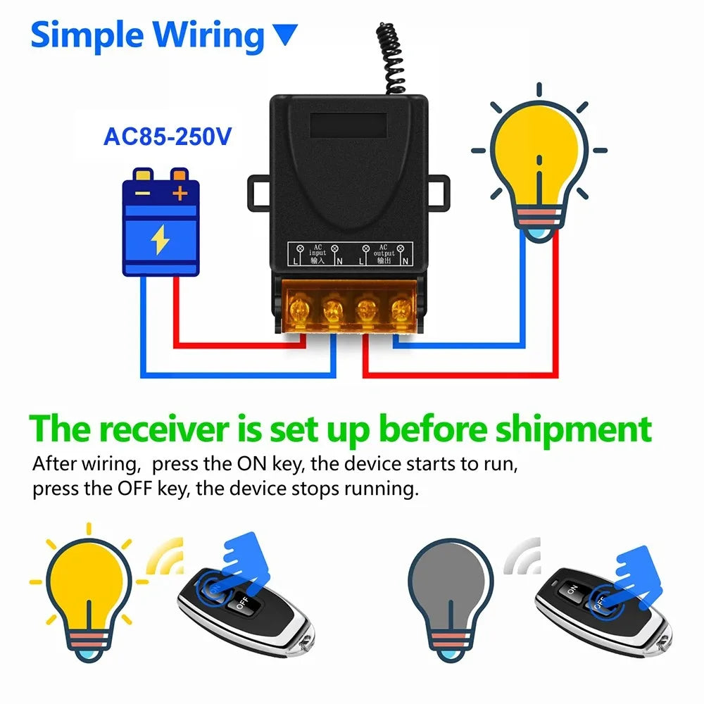433Mhz Wireless Remote Control Switch AC 110V 220V 10A Relay 1CH Receiver Controller and 2 botton RF433 Mhz Transmitter