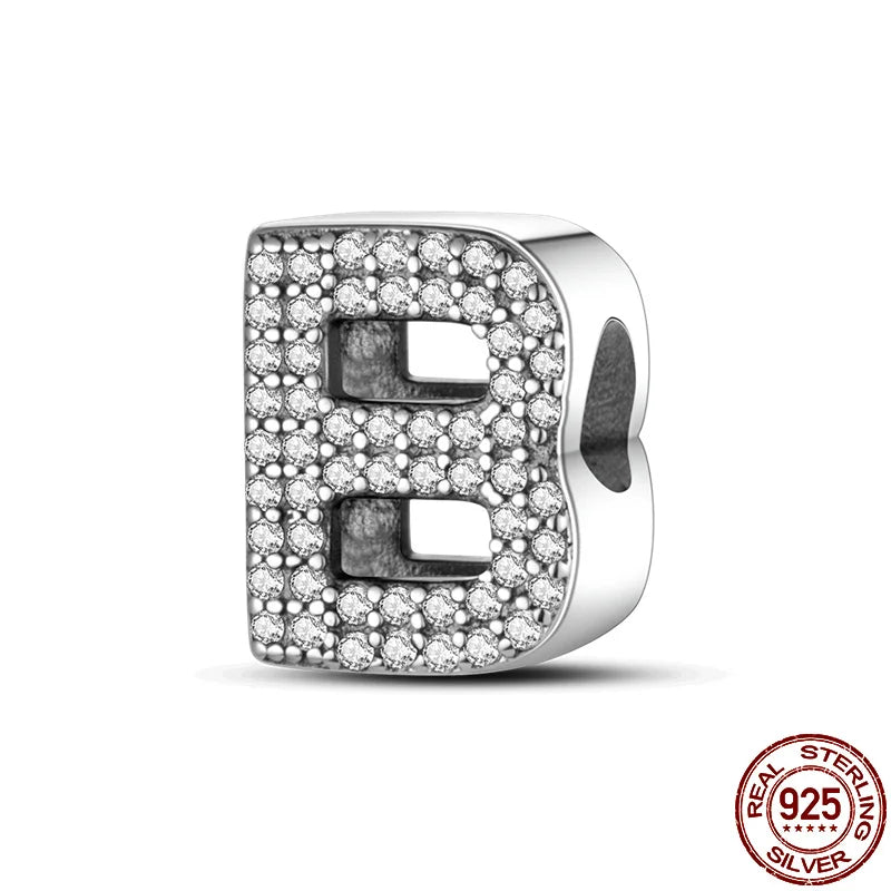 Original 925 Sterling Silver 26 Alphabet Letters Sparkling Zircon Charms Pendant Beads For Women Fine DIY Birthday Jewelry Gifts