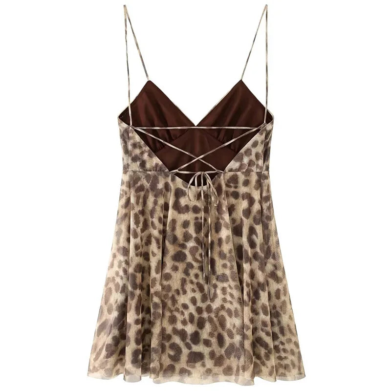 HXAO Womens Leopard Slip Dresses Summer 2025 Mini Tulle Print Backless Dress Vintage Mesh Sleeveless Vestidos Chic Resort Dress