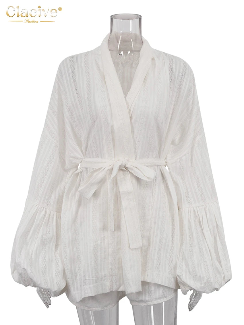 Clacive Fashion Loose White Cotton Sets For Women 2 Pieces 2025 Elegant Puff Sleeve Robes With High Waist Shorts Set Female