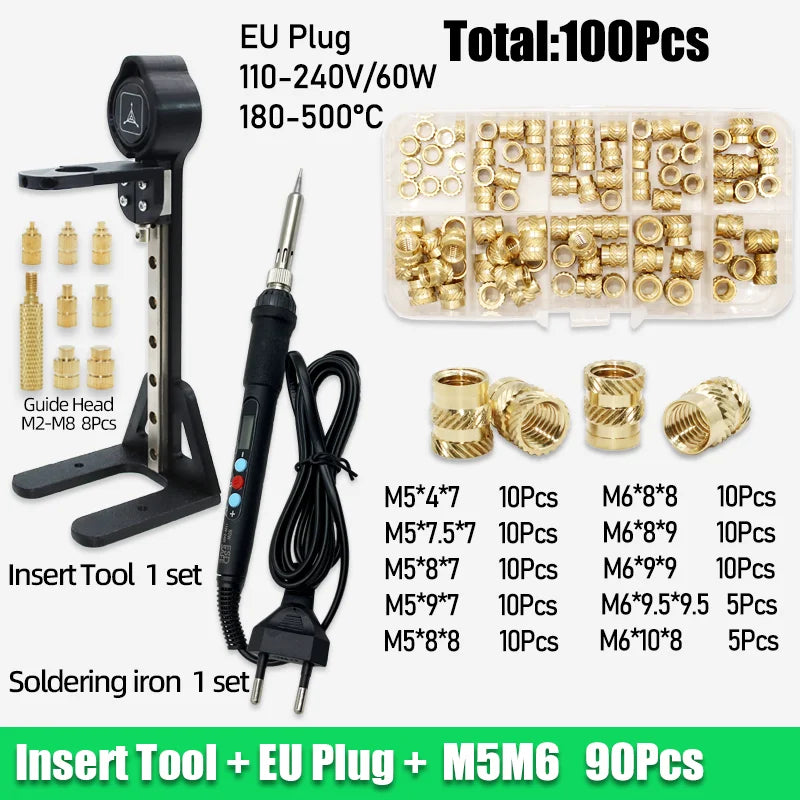 Threaded Brass Insert Nut 3d Printing Tool M2 M3 M4 M5 Heat Set Insertion Soldering Iron Kit Hot Melt Knurled Nut for Plastic PC