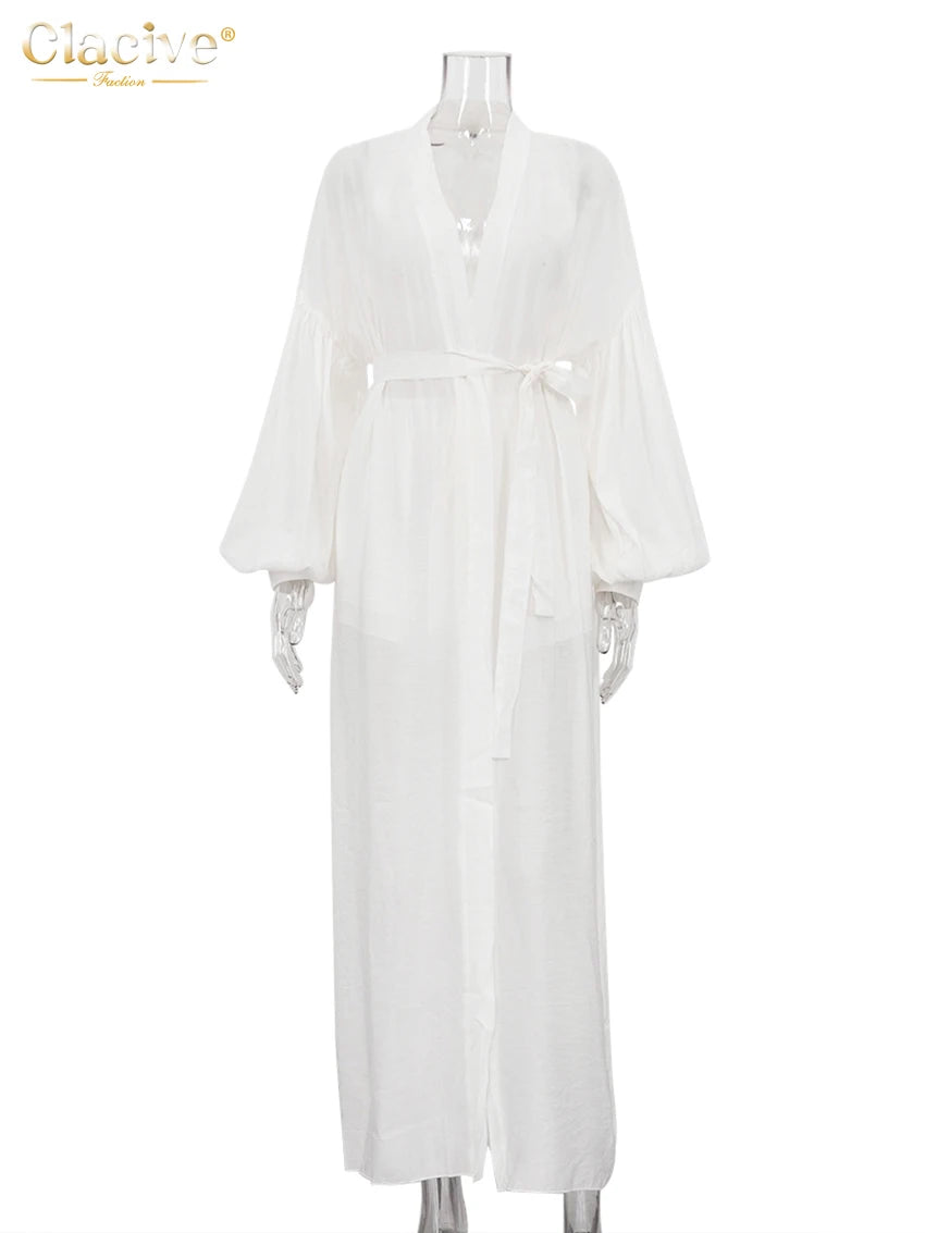 Clacive Casual Loose White 2 Piece Sets Women Outfit 2025 Elegant Long Sleeve Robes With Mid Waist Shorts Set Female Clothing