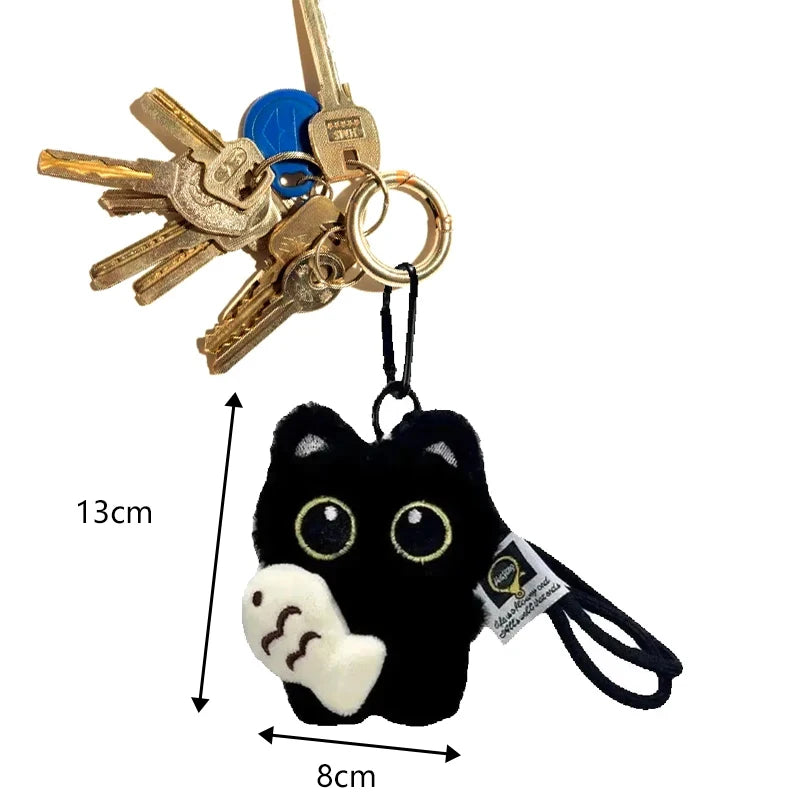 Rearview Mirror Pendant Decoration Cool Plush Black Cat Keychain Bag Pendant Charms Car Keyring Accessories for Men and Women