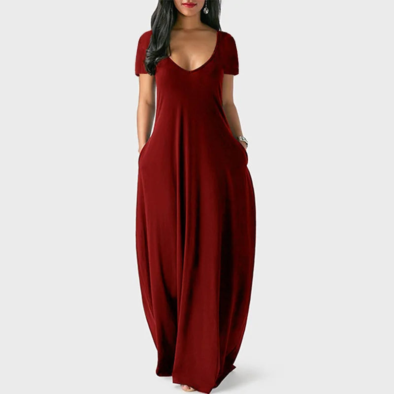 European and American summer cross-border foreign trade new plus size women's solid color dress sexy deep V short sleeved long s