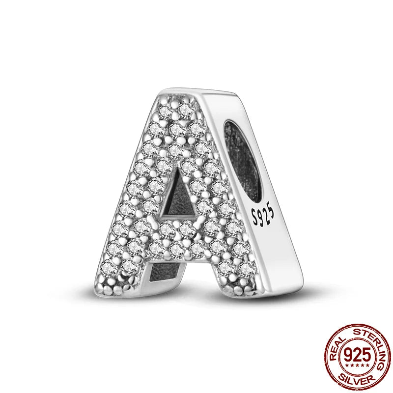 Original 925 Sterling Silver 26 Alphabet Letters Sparkling Zircon Charms Pendant Beads For Women Fine DIY Birthday Jewelry Gifts